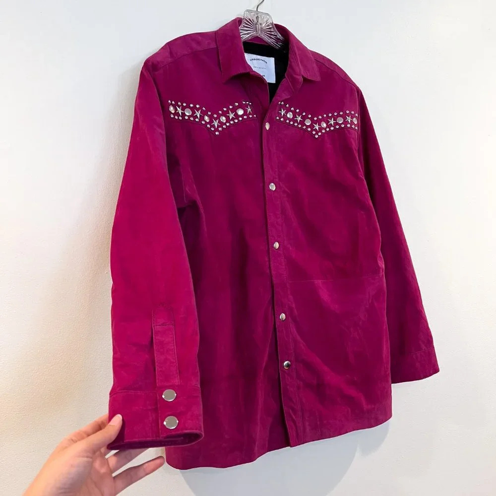 Understated Leather Pink Suede Silver Hardware Embellished Boho Western Jacket S - Picture 3 of 9